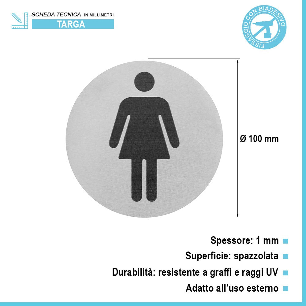 Targhetta wc donne in alluminio spazzolato fissaggio con biadesivo 