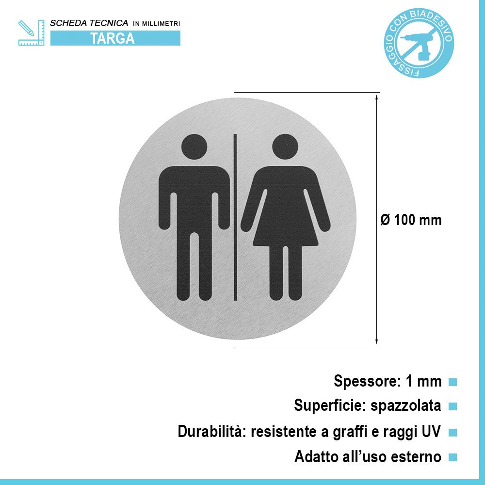 Targhetta wc uomini e donne in alluminio spazzolato fissaggio con biadesivo 