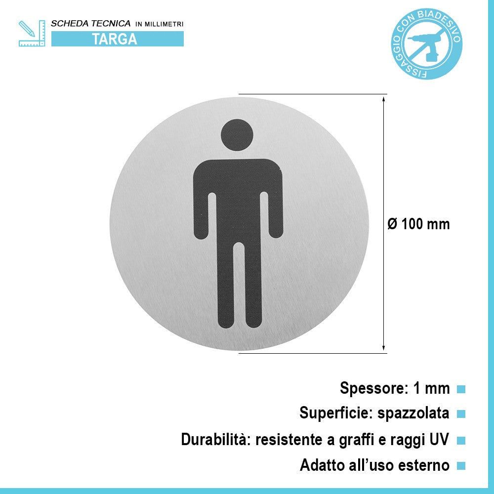 Targhetta wc uomini in alluminio spazzolato fissaggio con biadesivo 