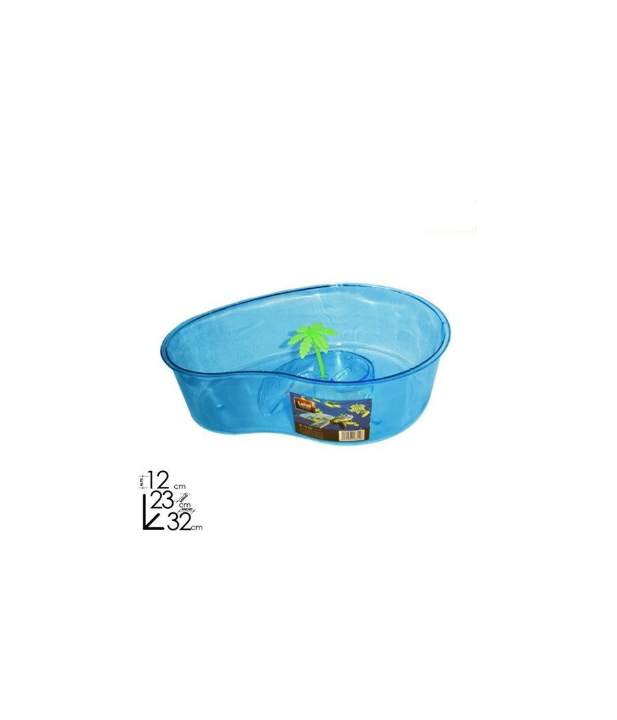 Tartarughiera Blu Con Palma 32x12x23cm Animali Acquario Vasca Per Tartarughe         