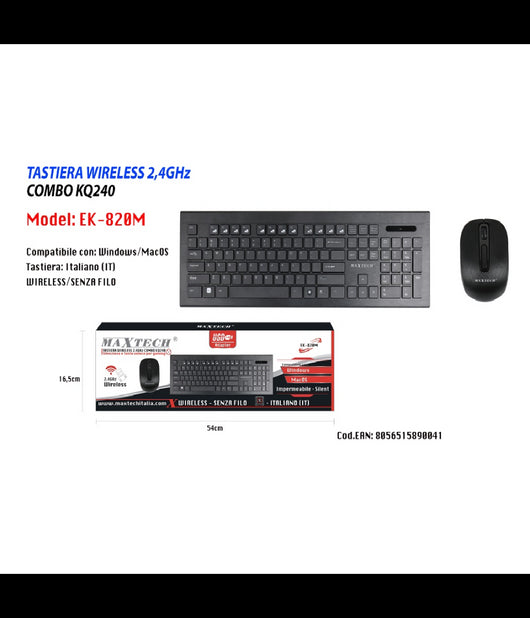 Tastiera Mouse Wifi Wireless Impermeabile 2.4ghz Computer Laptop Pc Maxtech Ek-820m         