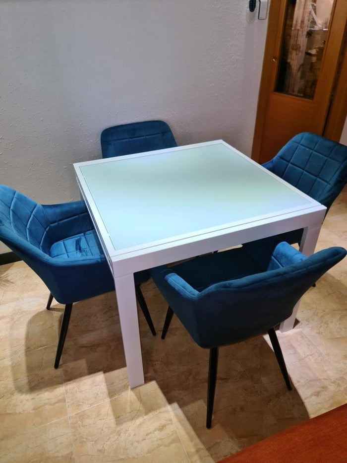 Tavolo allungabile vetro bianco base metallo bianco misura 70x70 h.75