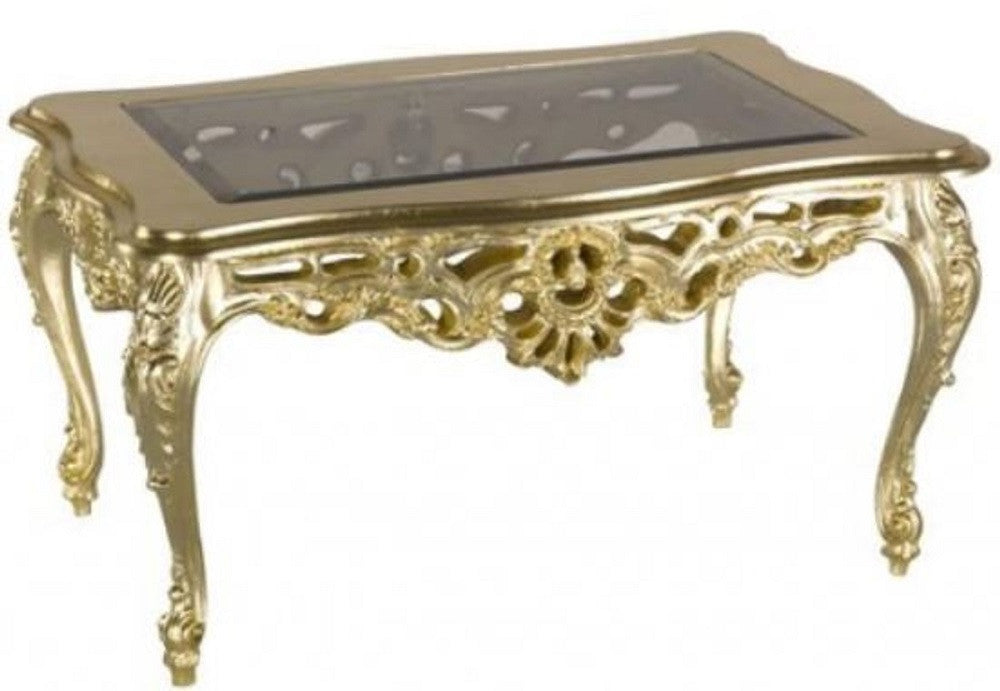 Mobili2g - tavolino barocco in foglia oro brillante con piano in vetro  misura  :l. 84 x h. 44 x p. 57