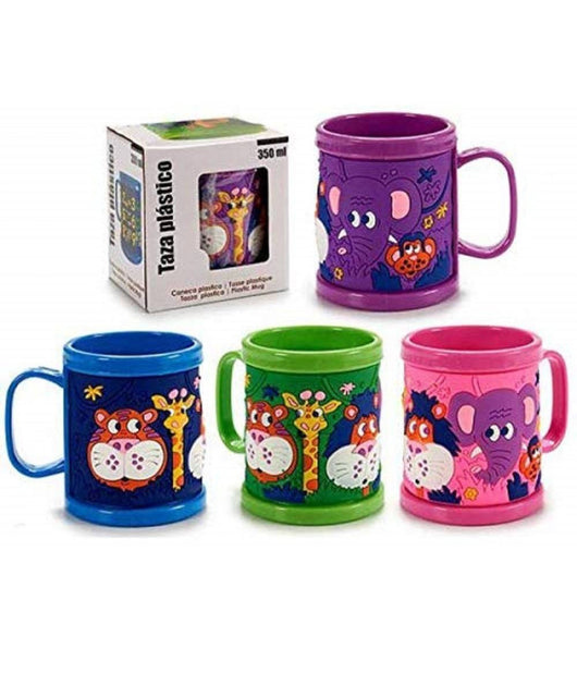 Tazza Per Bevande Plastica Animali 350ml Manico Colorate Bimbi Ragazzi Bicchiere         