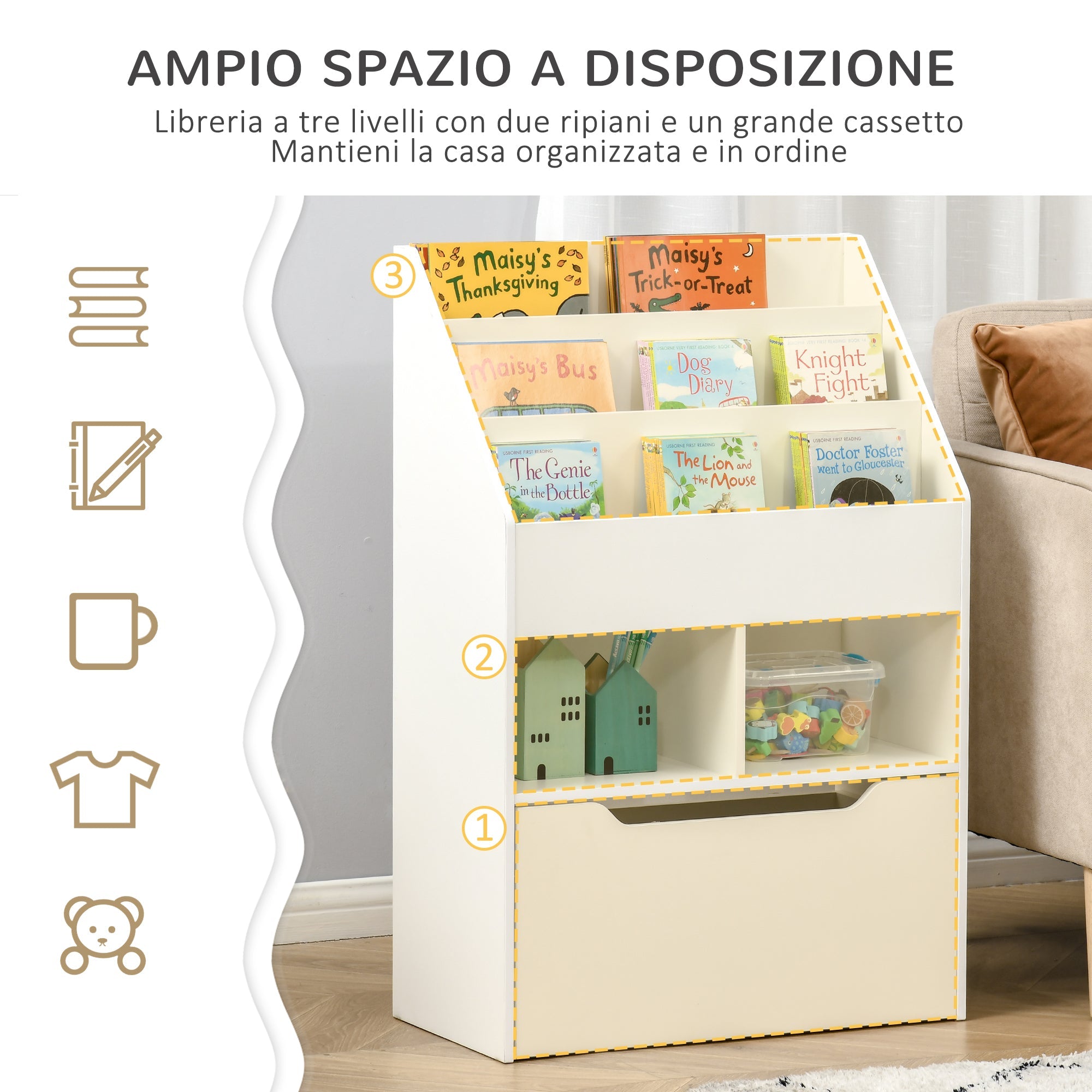 Libreria per Bambini 60x29,9x90 cm con Ripiani e 1 Cassetto in MDF Bianco