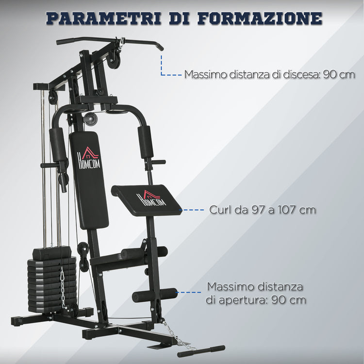 Stazione Fitness Multifunzione Power Tower 135x103x210 cm con Pesi fino 45kg e Panca Imbottita Nera