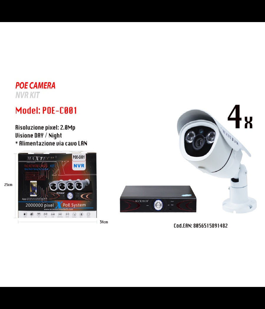 Telecamere 4 Canali Videosorveglianza Smartphone App Gratis Full Hd Maxtech Poe-c001         