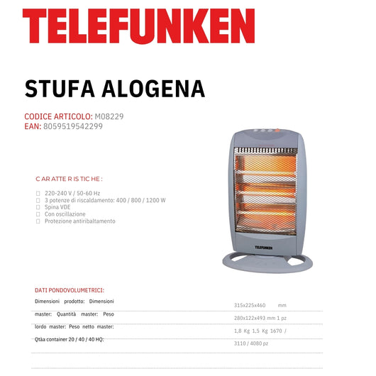 Telefunken Stufa Alogena 3 Velocità  M08229 1200w - TELEFUNKEN