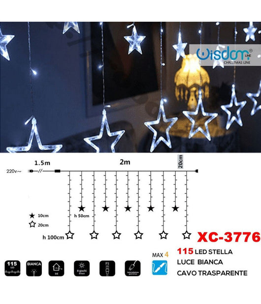 Tenda Luminosa Natalizia 115 Led Con Stelle Luce Bianca Cavo Trasparente Xc-3776         