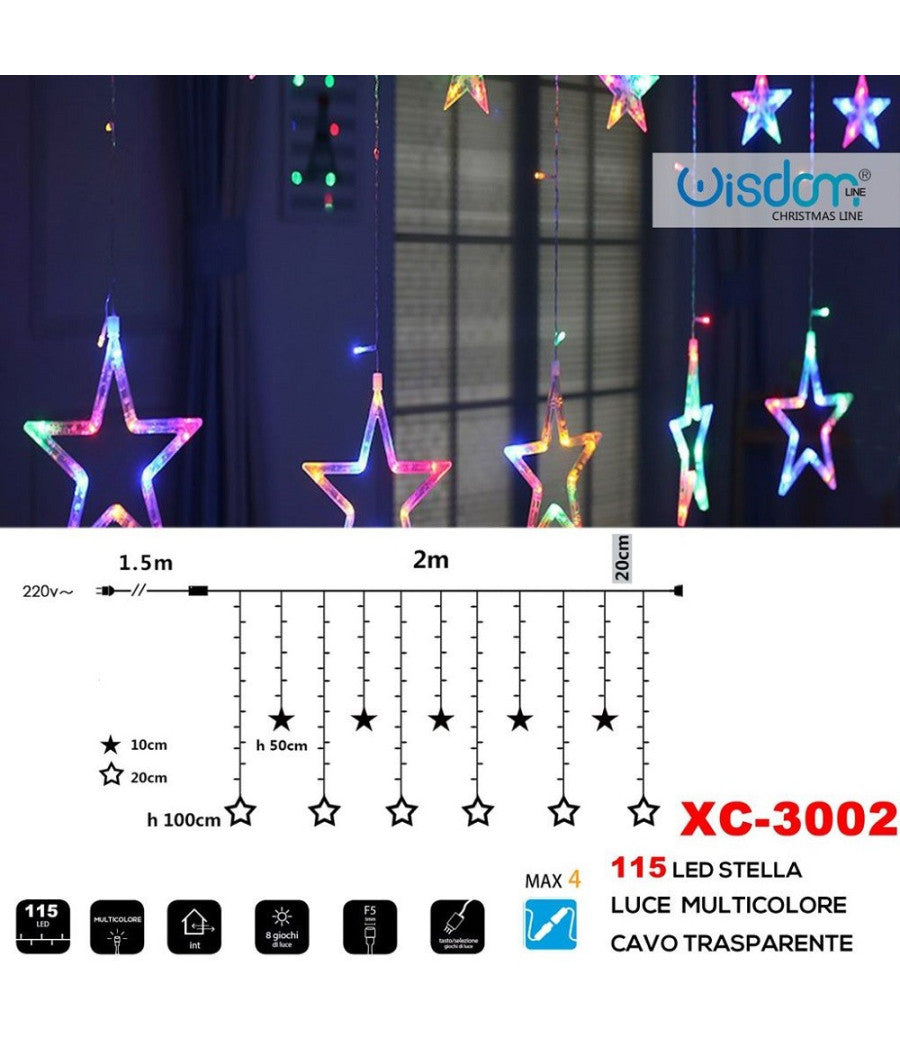 Tenda Luminosa Natalizia 115led Stelle Luce Multicolore Cavo Trasparente Xc-3002         