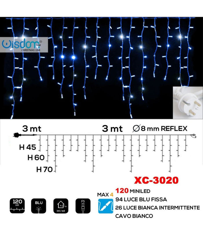 Tenda Luminosa Natalizia 120 Led Luce Blu Fissa + Bianca Intermittente Xc-3020         