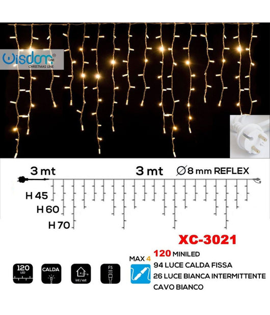 Tenda Luminosa Natalizia 120 Led Luce Calda Fissa + Bianca Intermittente Xc-3021         