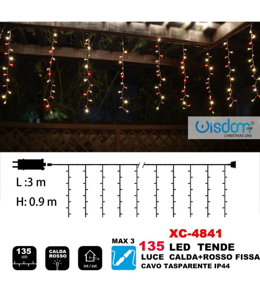 Tenda Luminosa Natalizia 135 Led Luce Calda+rosso Fissa Cavo Trasparente Xc-4841         