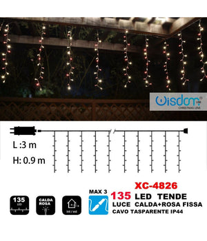 Tenda Luminosa Natalizia 135led Luce Calda + Rosa Fissa Cavo Trasparente Xc-4826         