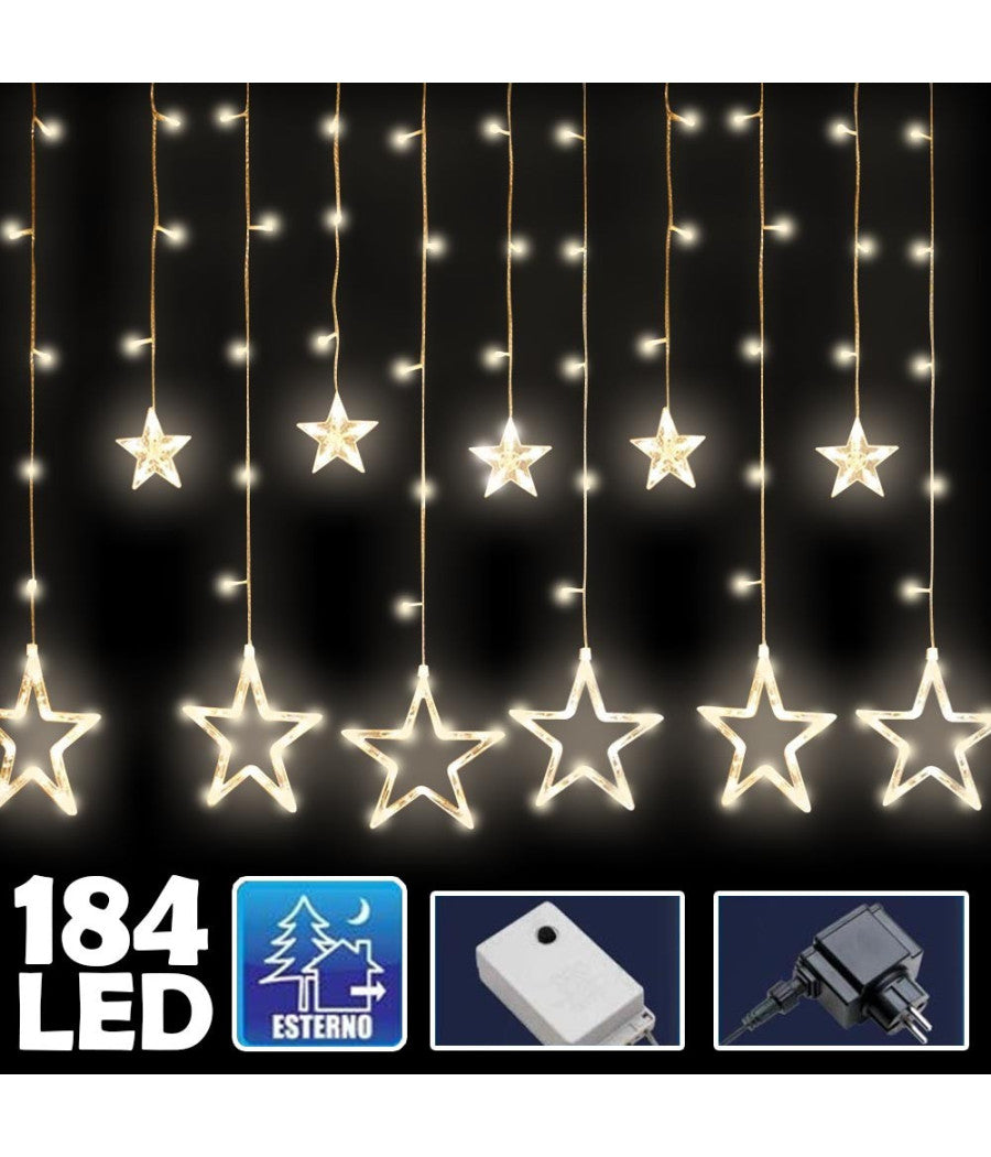 Tenda Luminosa Natalizia 140led Con Stelle Bianco Caldo 2mt Esterno Prolungabile         