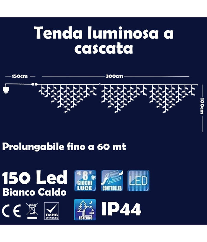 Tenda Luminosa Natalizia 150 Led Con Flash Bianco Caldo 3mt Esterno Prolungabile         