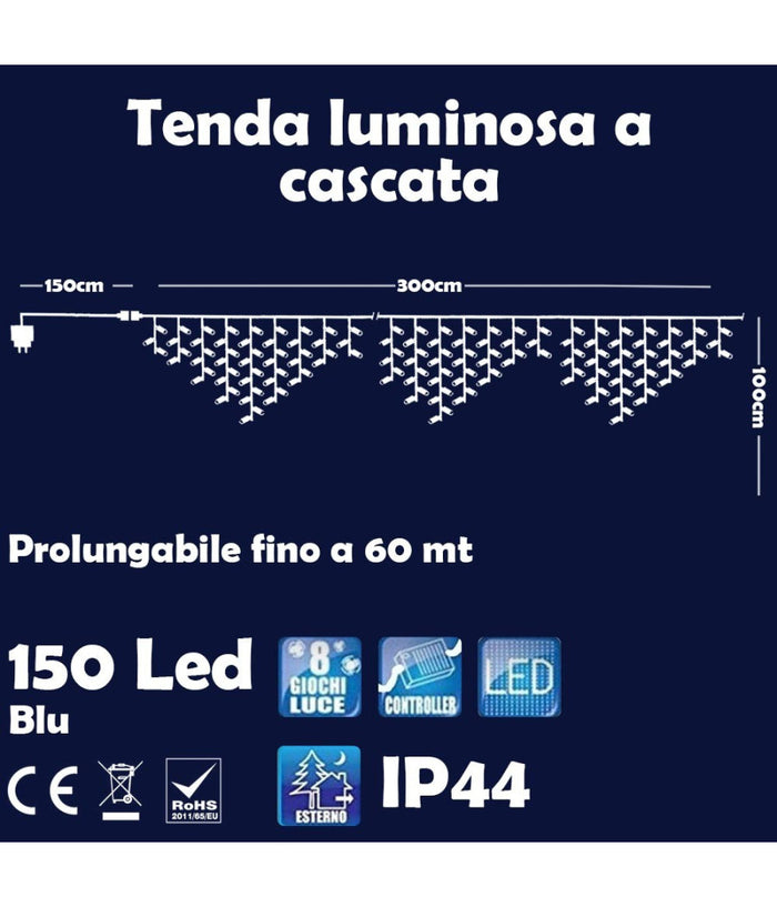 Tenda Luminosa Natalizia 150 Led Con Flash Luce Blu 3mt Esterno Prolungabile         