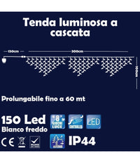 Tenda Luminosa Natalizia 150led Con Flash Bianco Freddo 3mt Esterno Prolungabile         