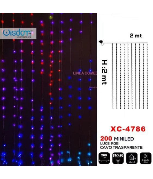 Tenda Luminosa Natalizia 200 Led Luce Rgb Cavo Trasparente 8 Giochi Luce Xc-4786         