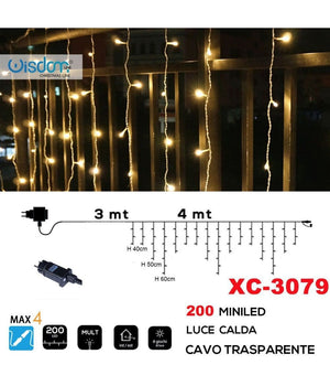 Tenda Luminosa Natalizia 200 Mini Led Luce Calda Cavo Trasparente Xc-3079         