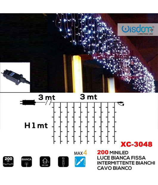 Tenda Luminosa Natalizia 200led Luce Bianca Fissa + Bianca Intermittente Xc-3048         