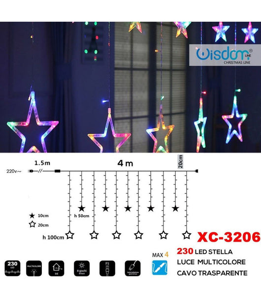 Tenda Luminosa Natalizia 230led Stelle Luce Multicolore Cavo Trasparente Xc-3206         