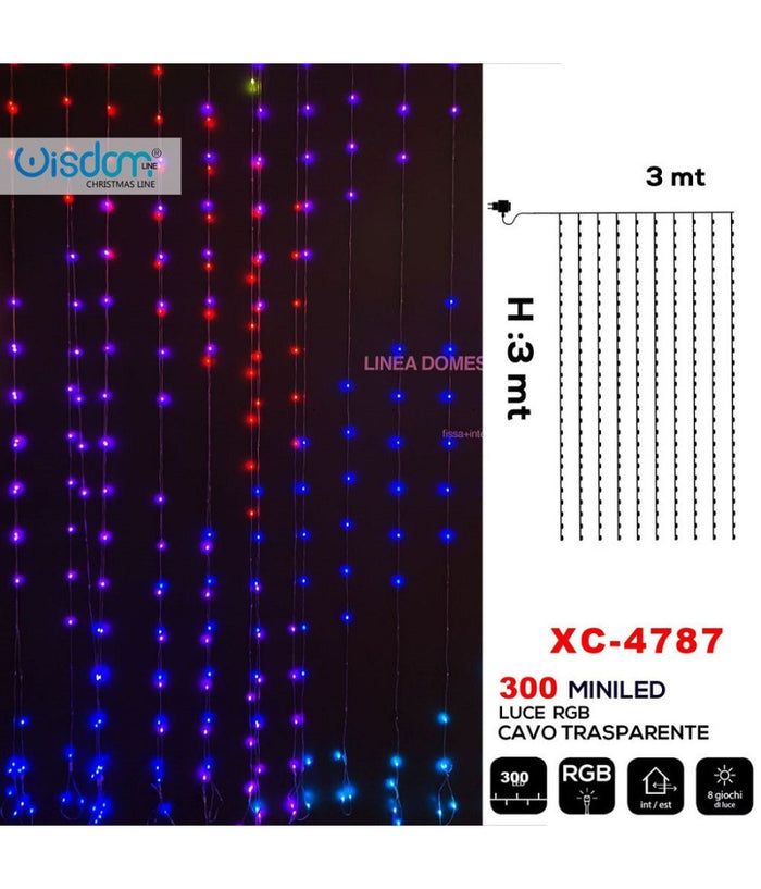 Tenda Luminosa Natalizia 300 Led Luce Rgb Cavo Trasparente 8 Giochi Luce Xc-4787         