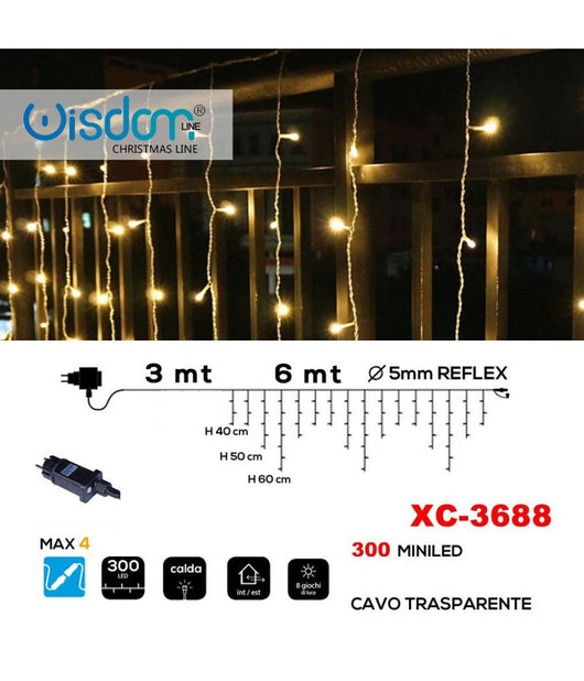 Tenda Luminosa Natalizia 300 Mini Led Luce Calda Cavo Trasparente Xc-3688         