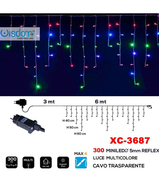 Tenda Luminosa Natalizia 300 Miniled Luce Multicolore Cavo Trasparente Xc-3687         