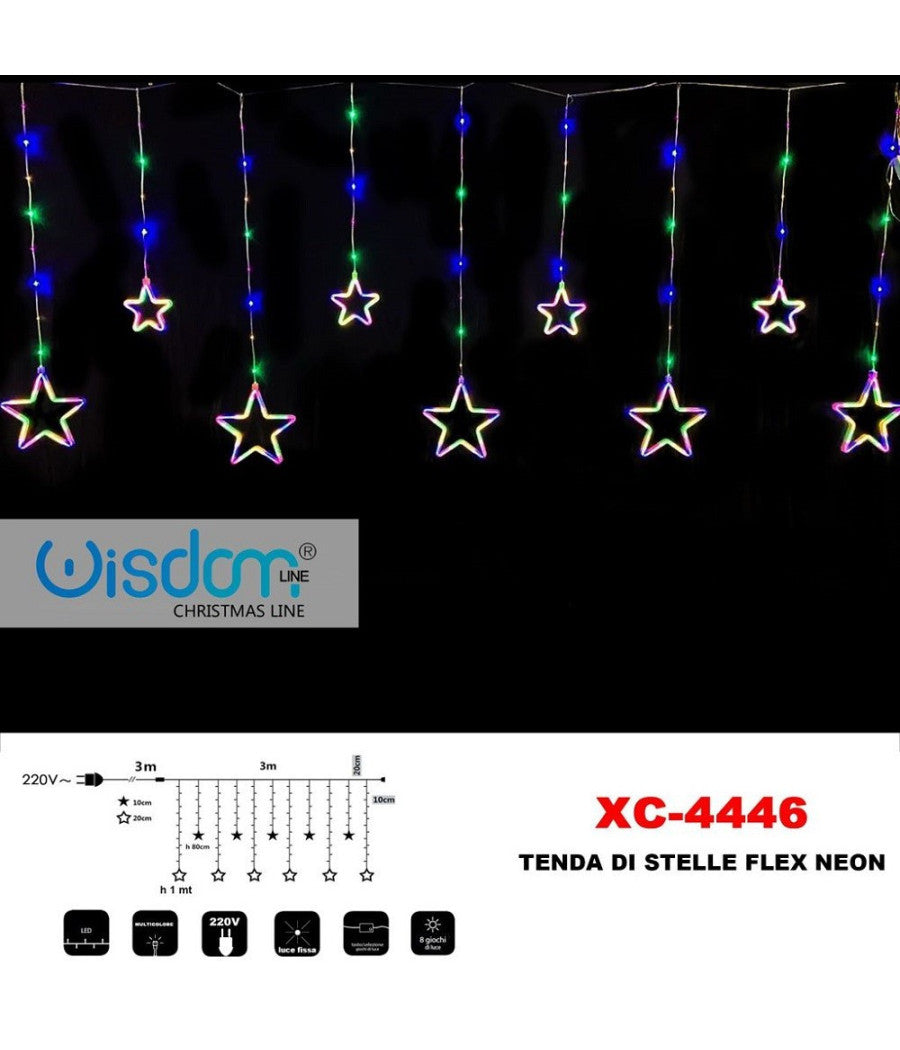 Tenda Luminosa Natalizia Stelle Neon Luce Multicolor Fissa 8 Giochi Luce Xc-4446         