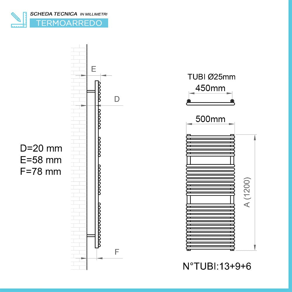 Termoarredo scaldasalviette bianco di design L 50x120 interasse 45 cm