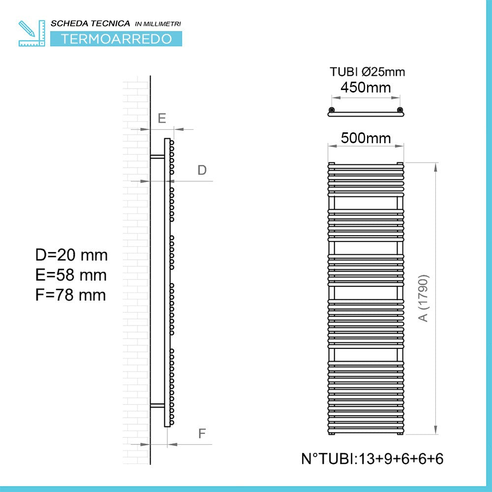 Termoarredo design Bianco L 50x180 interasse 45 cm