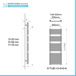 Termoarredo design scaldasalviette Bianco L 60x150 interasse 55 cm