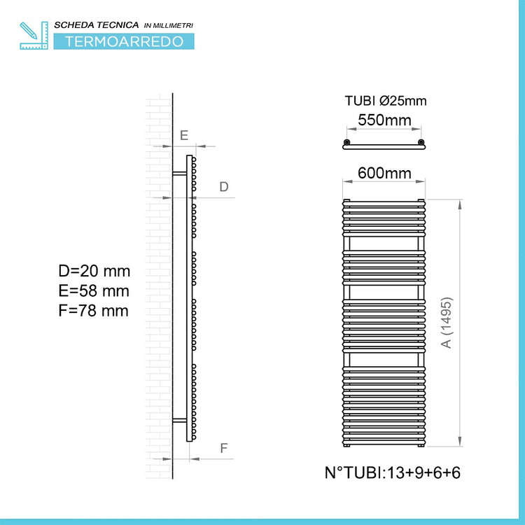 Termoarredo design scaldasalviette Bianco L 60x150 interasse 55 cm