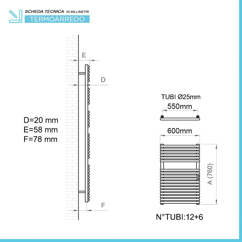 Termoarredo design bianco L 60x77 interasse 55 cm