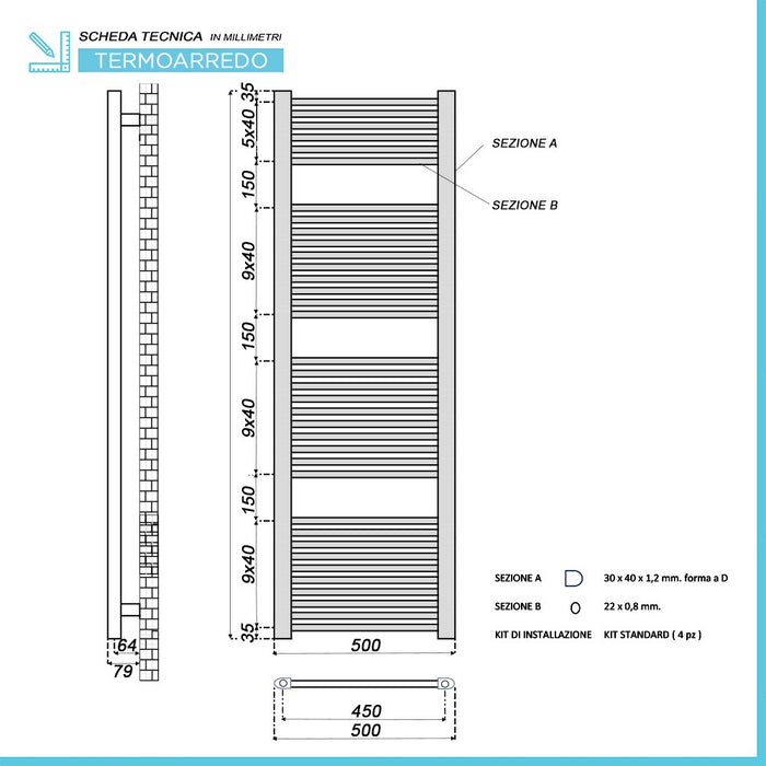 Termoarredo elettrico bianco 900w H180 x 50 interasse 45 cm