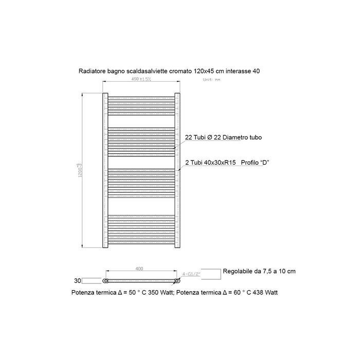 Scaldasalviette termoarredo 120x45 cromato interasse 40 cm idraulico