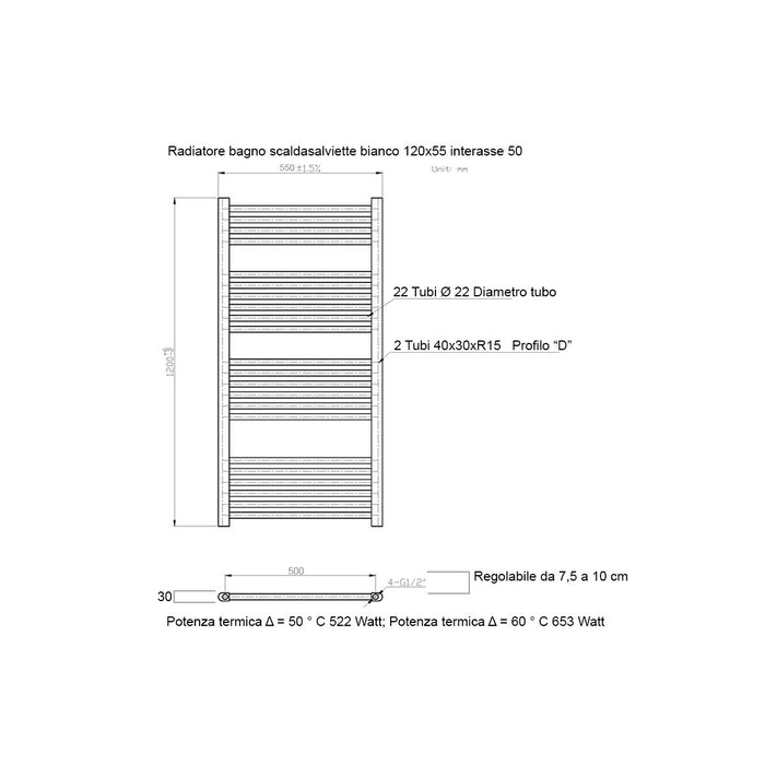 Scaldasalviette termoarredo 120x55 bianco interasse 50 cm idraulico