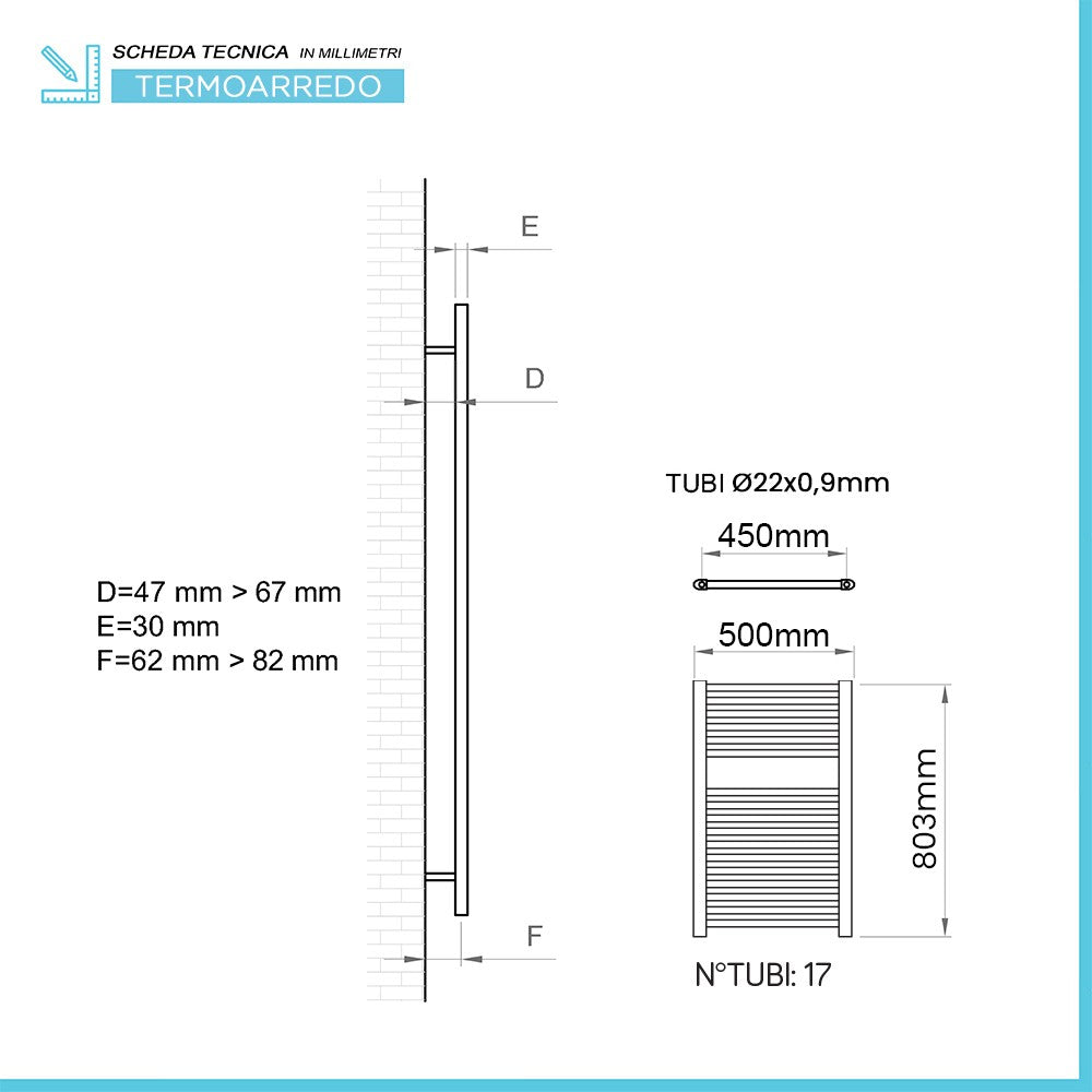 Termoarredo scaldasalviette 500x803 nero opaco con interasse 45 cm