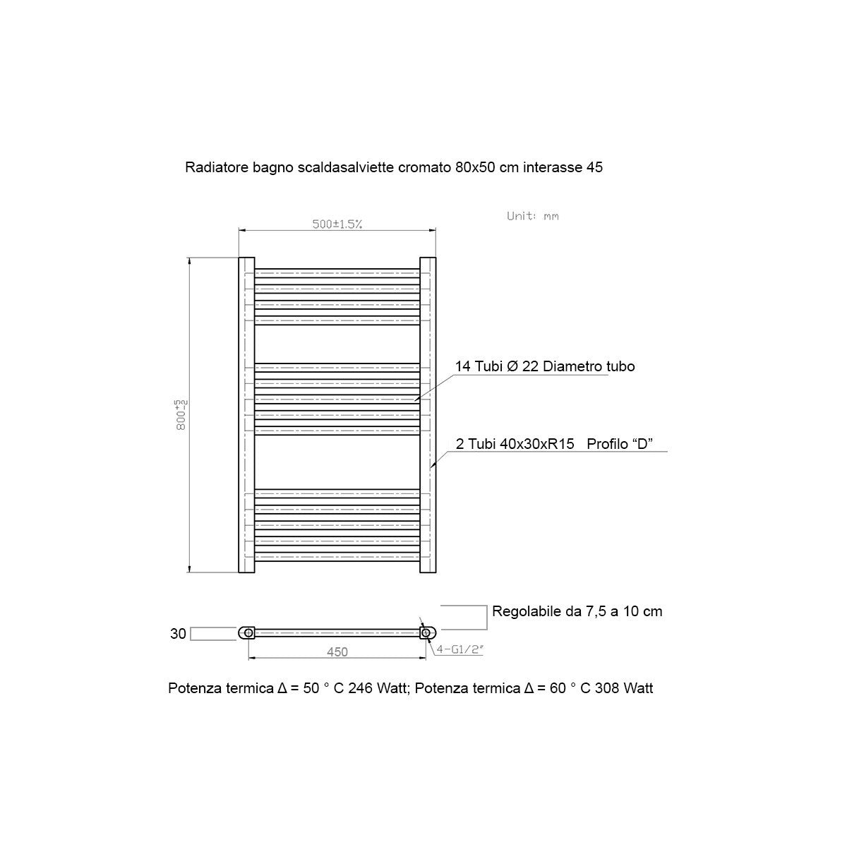 Scaldasalviette termoarredo 80x50 cromato interasse 45 cm idraulico