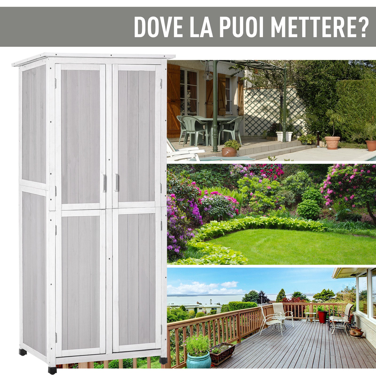 Casetta Box da Giardino 77x58x175 cm Porta Attrezzi in Legno Grigio