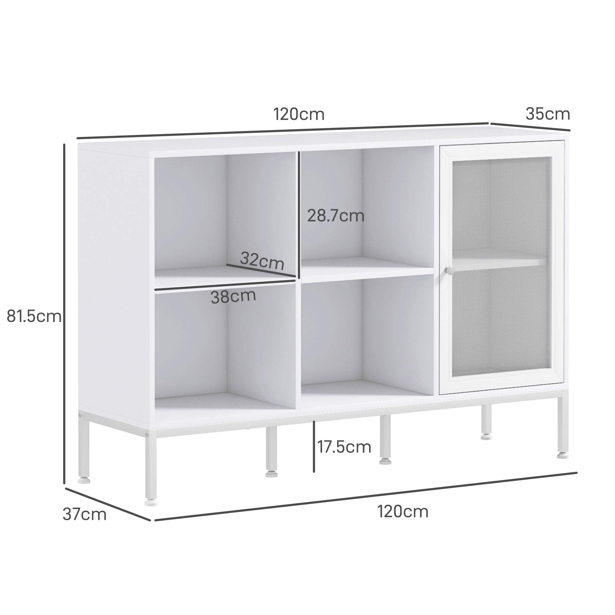 Mobile Buffet con 4 Ripiani Aperti e Armadietto 120x37x81,5 cm in Truciolato e Acciaio Bianco