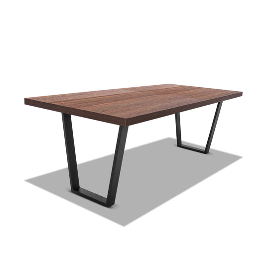 Tavolo da pranzo 220x100cm in legno e metallo con piedi trapezoidali e ripiano in colore legno teak