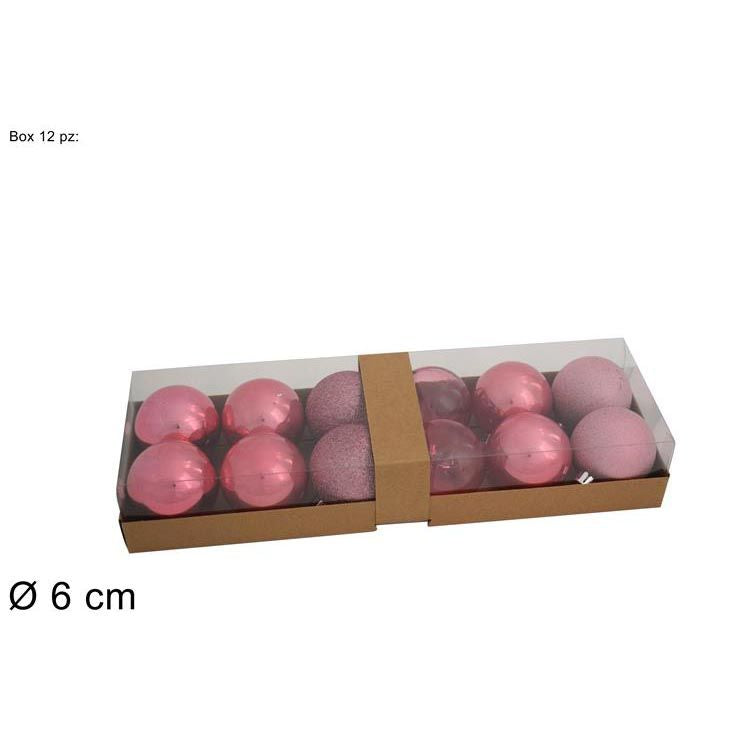 Box completo con 12 palline di natale in pvc rosa in tinta unita varie tonalita'