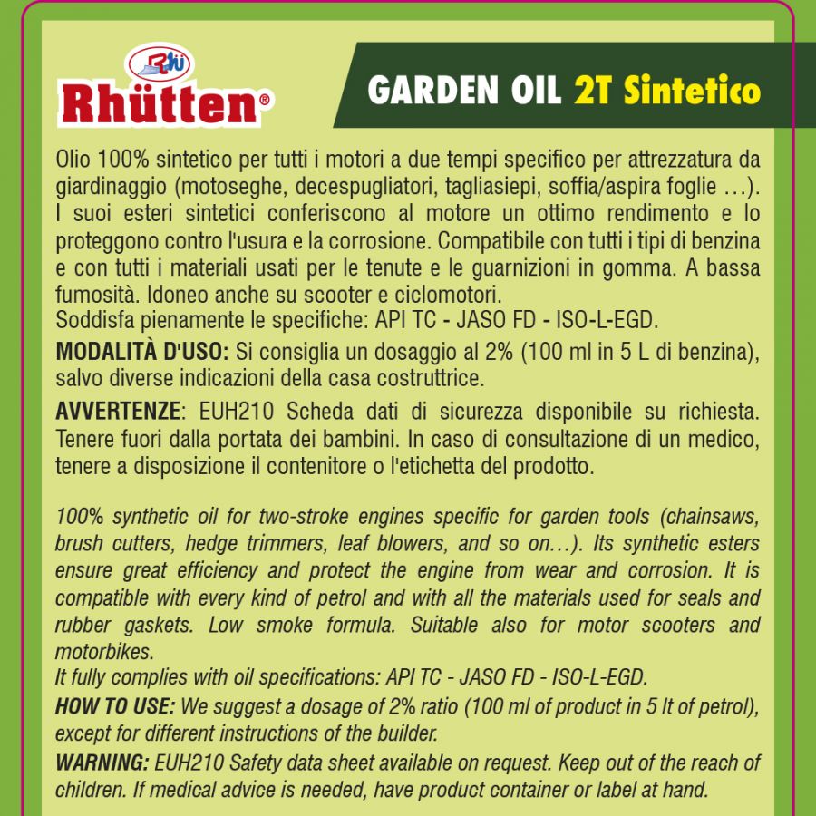 Olio garden rhutten 2t sintetico 1l