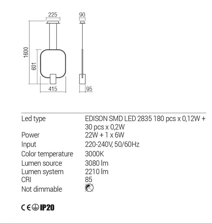 Dom lampada a sospensione, led 22w + led 6w