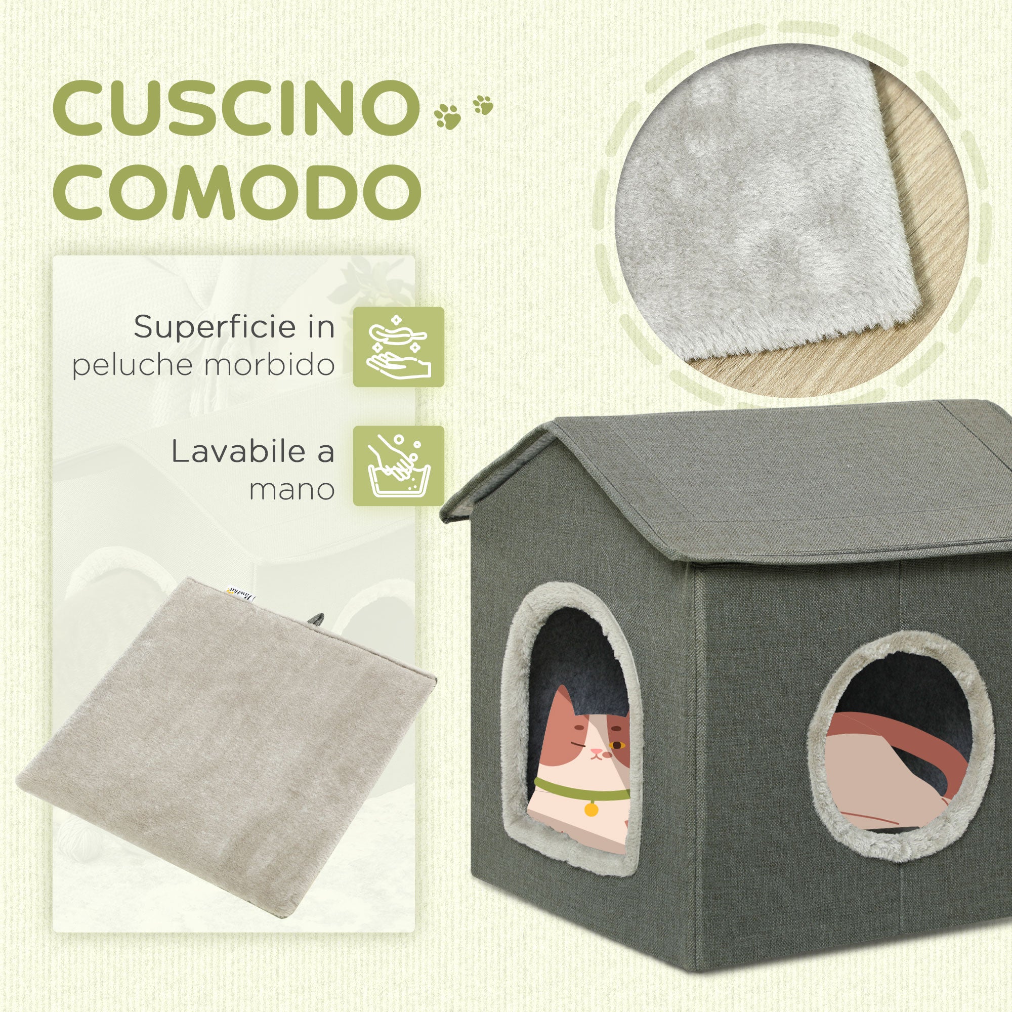 Casetta per Gatti 39x43,5x40,5 cm  2 Entrate con Cuscini Verde