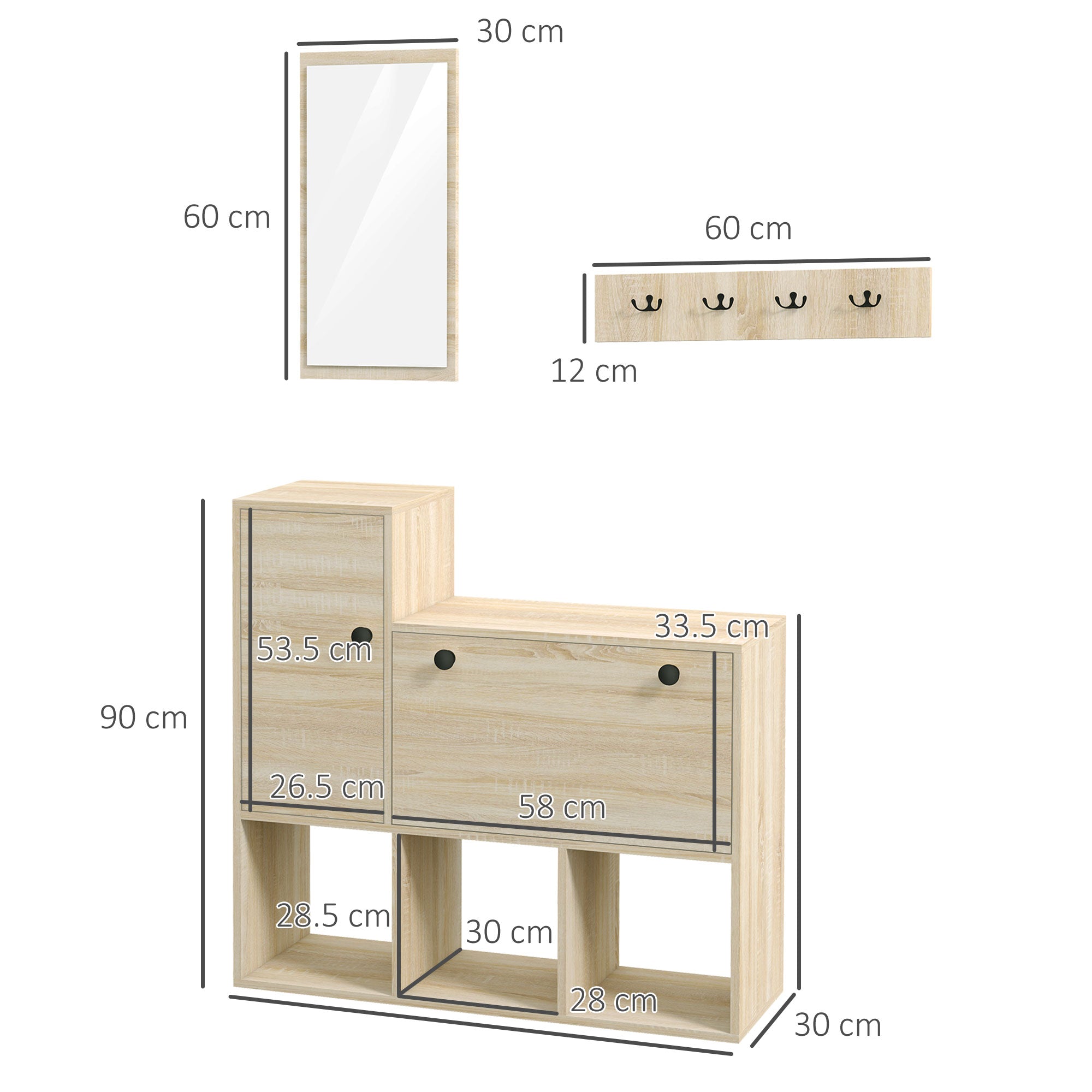 Mobile Ingresso 3 in 1 con Scarpiera Appendiabiti e Specchio Colore Legno Naturale e Nero