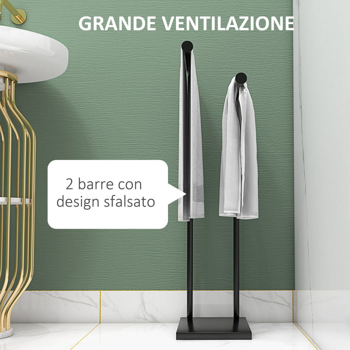 Piantana Portasciugamani da Bagno da Terra Autoportante 2 Bracci in Metallo 35,5x20x78 cm Nero