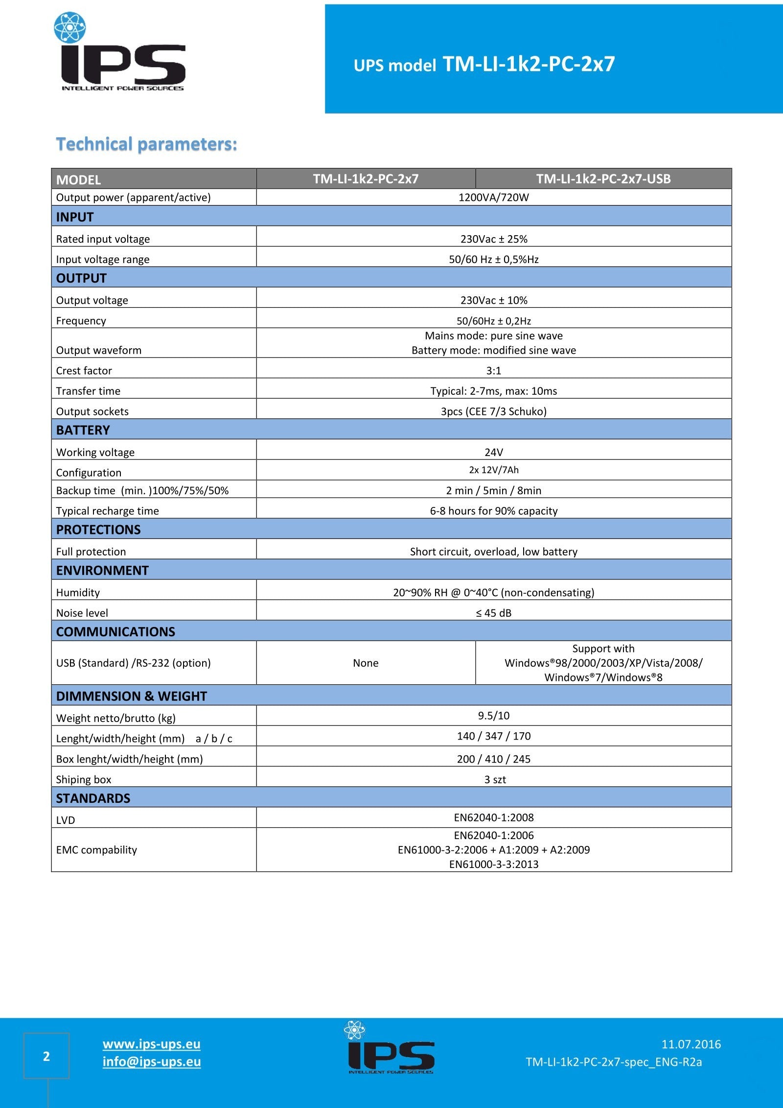 IPS UPS Gruppo di continuitÃ  Desktop 1200VA/720W TM-LI-1K2-PC-2Ã—7 - IPS